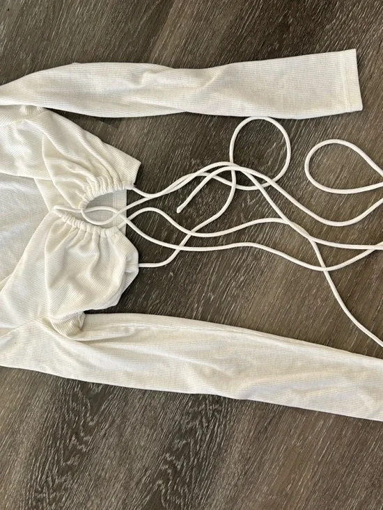 Princess Polly White Long Sleeve Wrap Crop Top with Crisscross Ties - Picture 3 of 4